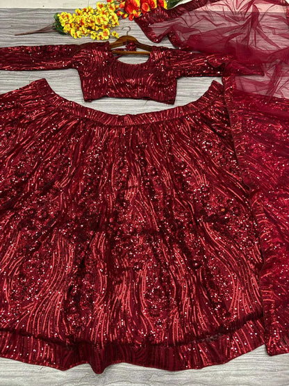 Maroon Red Dual Sequins Embroidery Work Premium Net Party Wear Lehenga