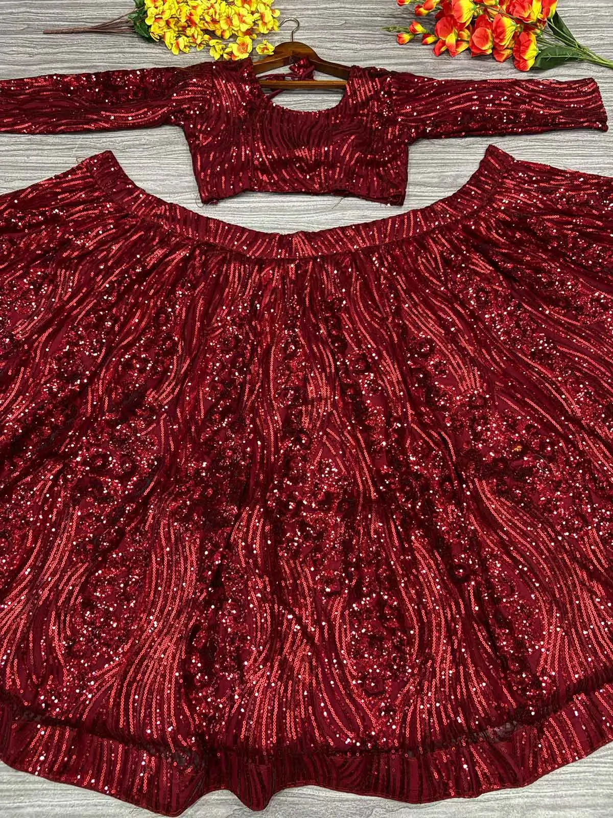Maroon Red Dual Sequins Embroidery Work Premium Net Party Wear Lehenga