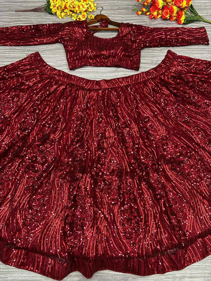 Maroon Red Dual Sequins Embroidery Work Premium Net Party Wear Lehenga