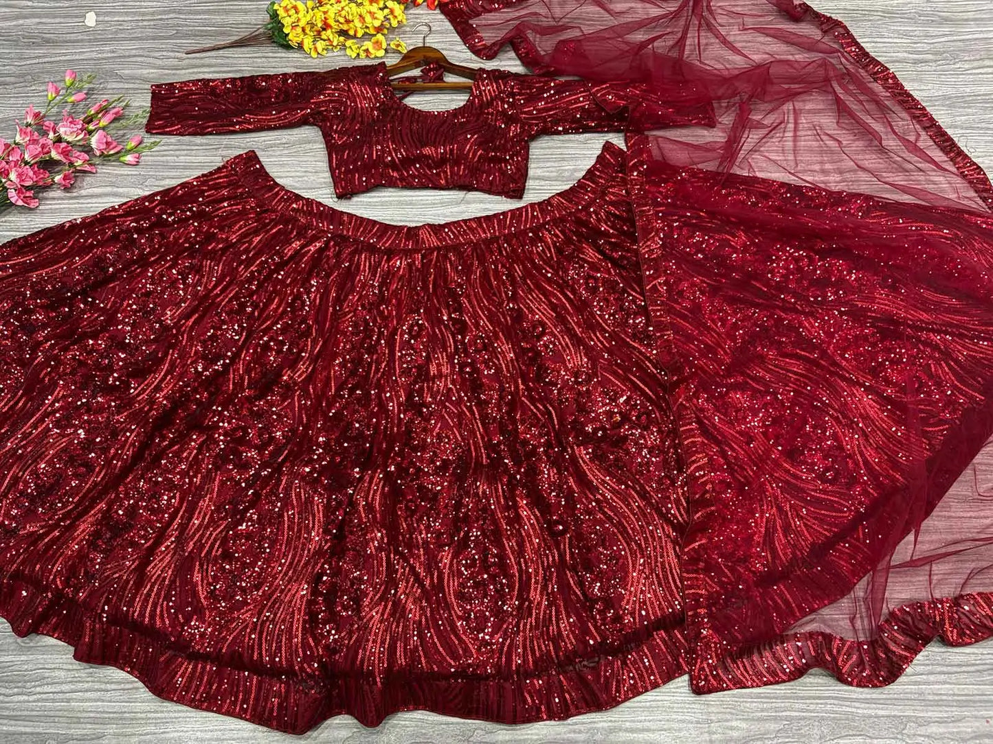 Maroon Red Dual Sequins Embroidery Work Premium Net Party Wear Lehenga