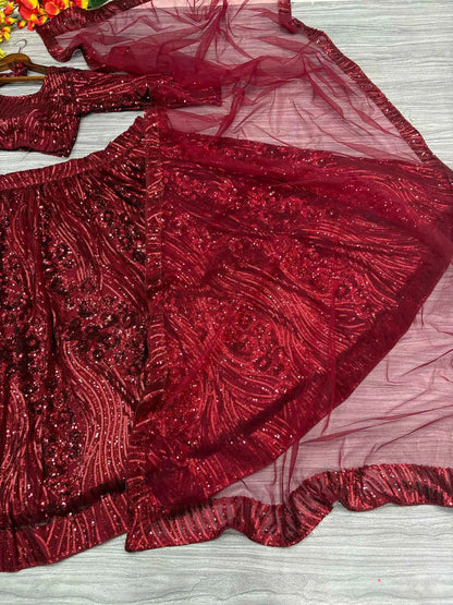 Maroon Red Dual Sequins Embroidery Work Premium Net Party Wear Lehenga