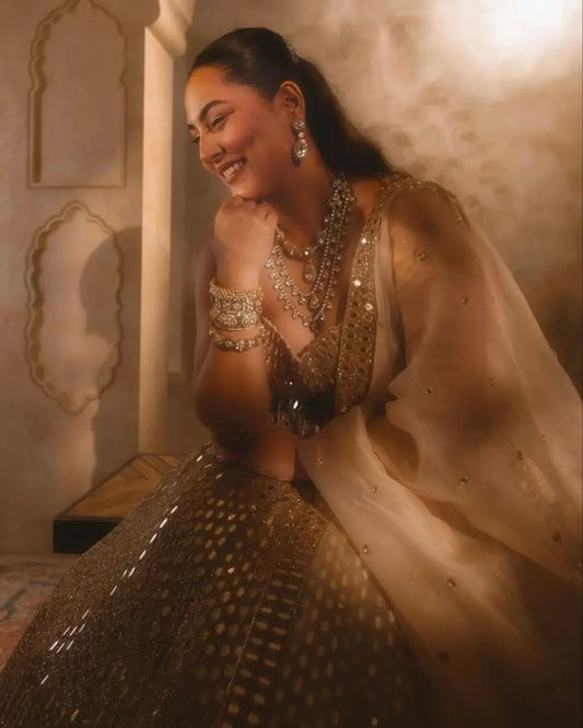 Dark Beige Silk Lehenga With Heavy Sequins zari Work With Dupatta