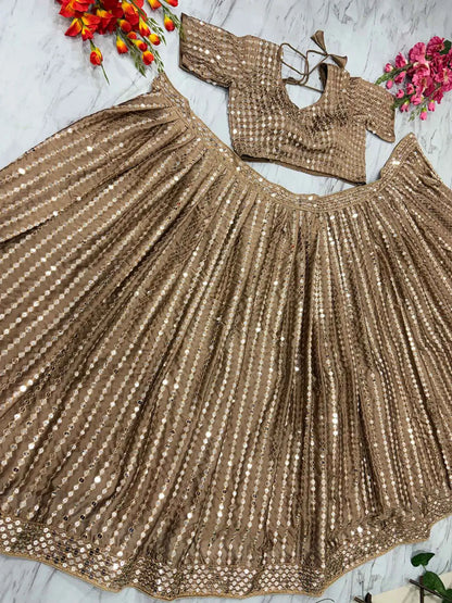 Dark Beige Silk Lehenga With Heavy Sequins zari Work With Dupatta