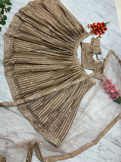 Dark Beige Silk Lehenga With Heavy Sequins zari Work With Dupatta