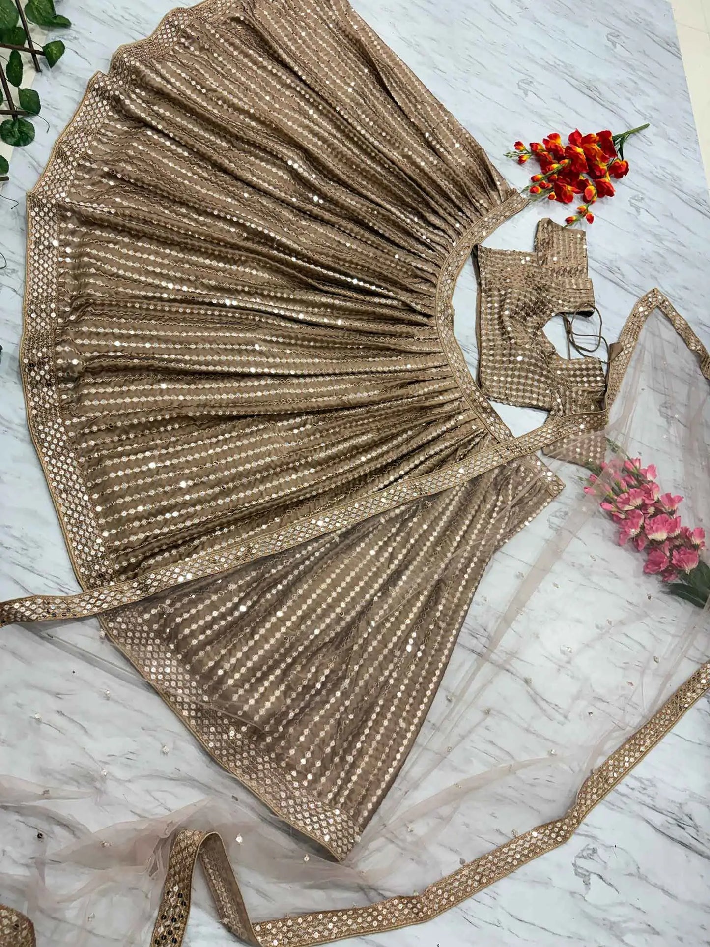 Dark Beige Silk Lehenga With Heavy Sequins zari Work With Dupatta