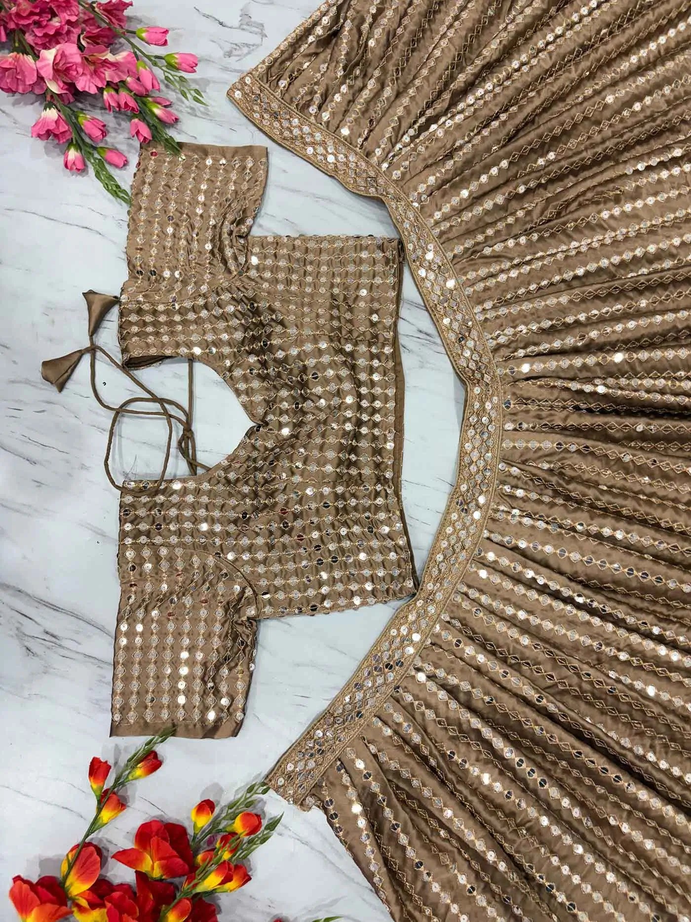 Dark Beige Silk Lehenga With Heavy Sequins zari Work With Dupatta