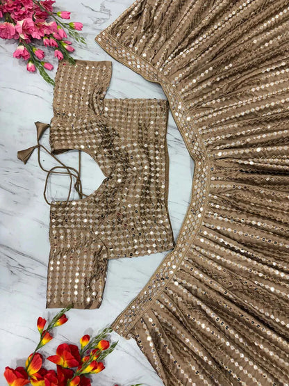 Dark Beige Silk Lehenga With Heavy Sequins zari Work With Dupatta