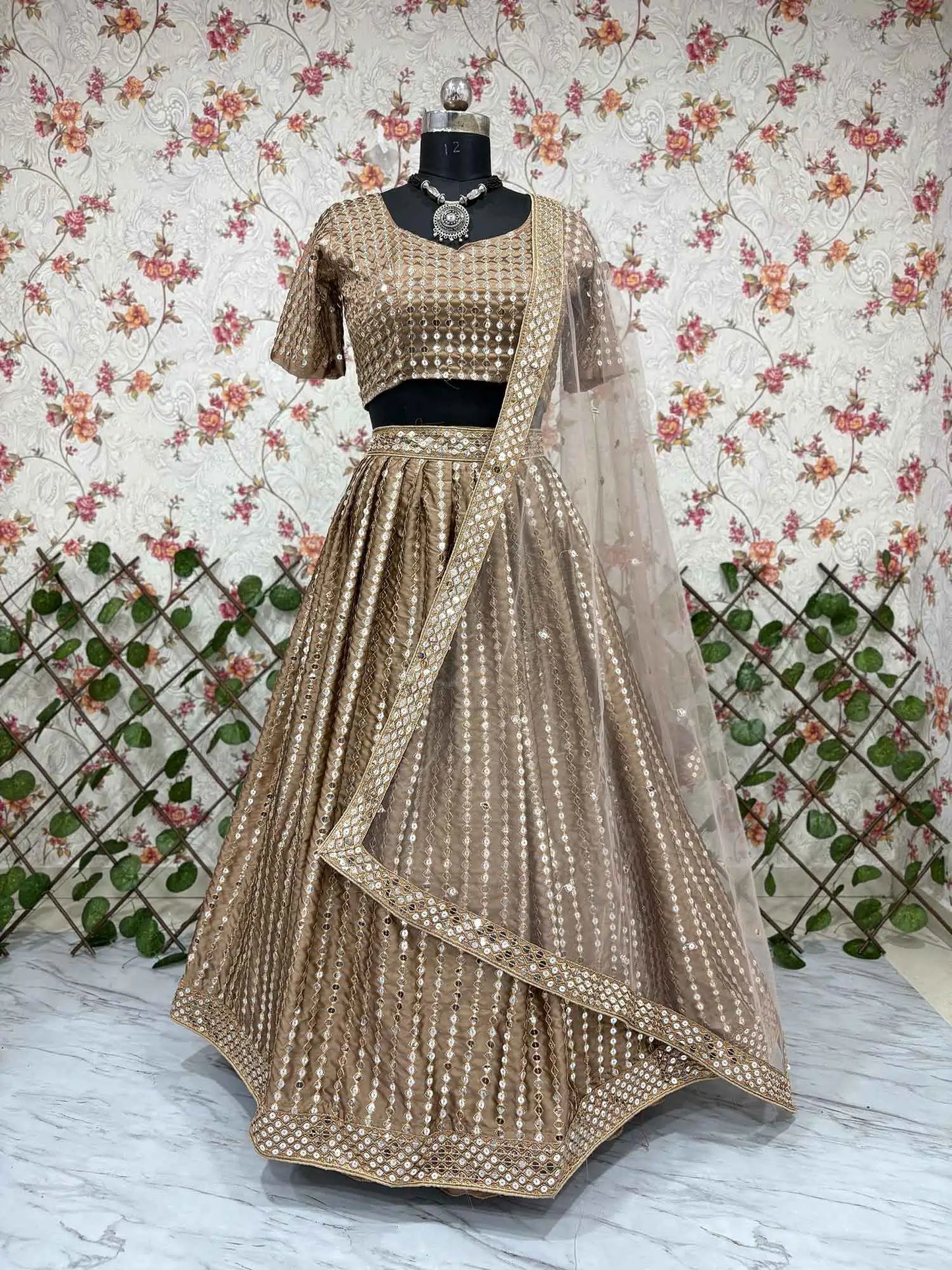 Dark Beige Silk Lehenga With Heavy Sequins zari Work With Dupatta