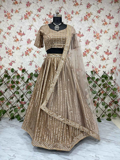 Dark Beige Silk Lehenga With Heavy Sequins zari Work With Dupatta