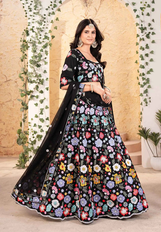 Black Georgette Multi Thread Sequins Floral Embroidery Work Lehenga