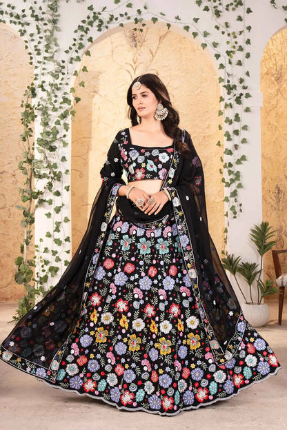Black Georgette Multi Thread Sequins Floral Embroidery Work Lehenga