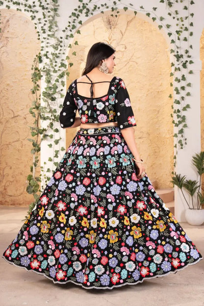 Black Georgette Multi Thread Sequins Floral Embroidery Work Lehenga