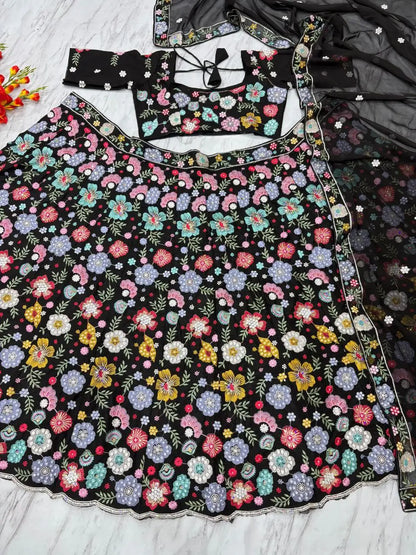 Black Georgette Multi Thread Sequins Floral Embroidery Work Lehenga