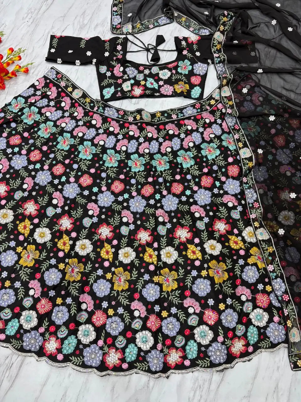 Black Georgette Multi Thread Sequins Floral Embroidery Work Lehenga