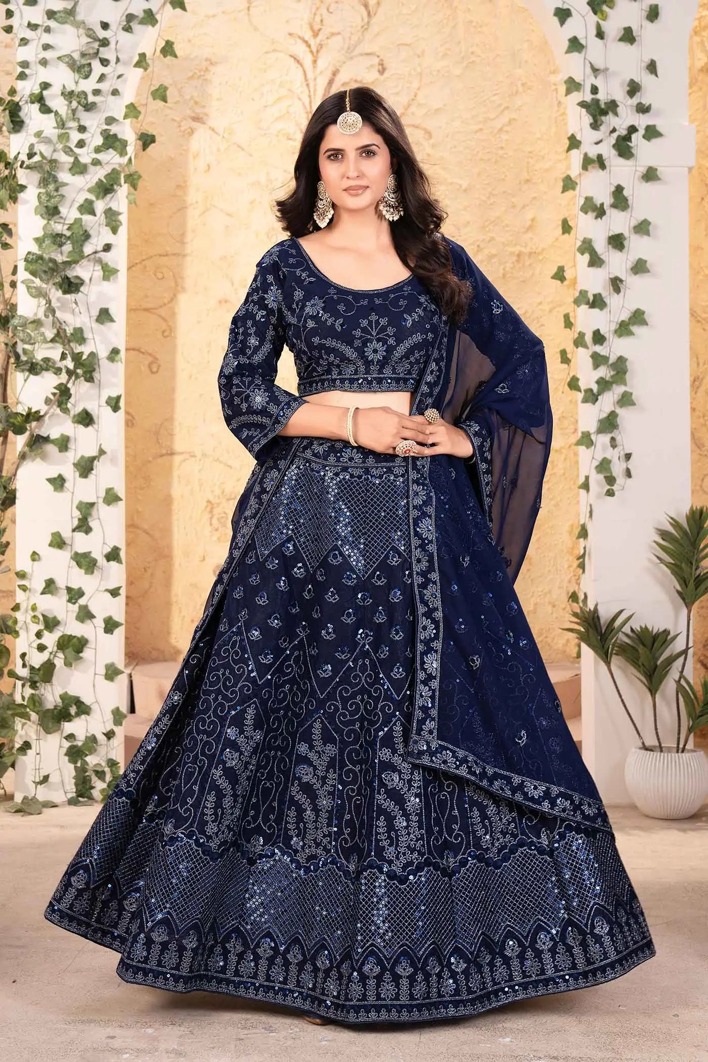 Navy Blue Glitter Dori Heavy Sequins Work Georgette Party Wear Lehenga