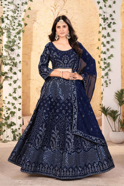 Navy Blue Glitter Dori Heavy Sequins Work Georgette Party Wear Lehenga