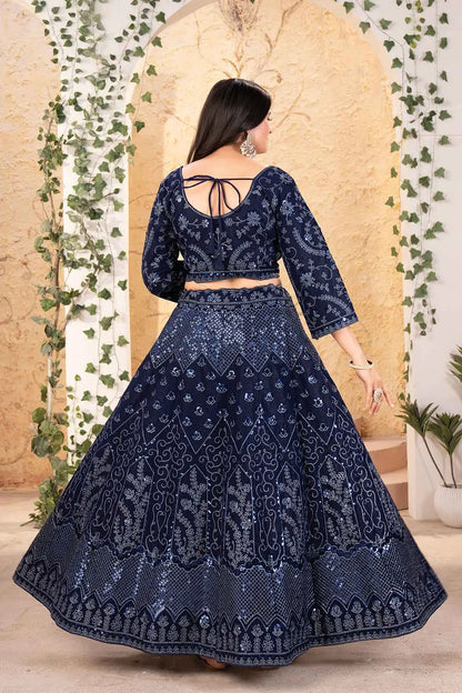 Navy Blue Glitter Dori Heavy Sequins Work Georgette Party Wear Lehenga