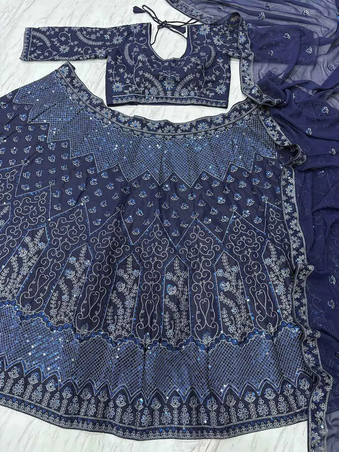 Navy Blue Glitter Dori Heavy Sequins Work Georgette Party Wear Lehenga