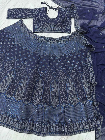 Navy Blue Glitter Dori Heavy Sequins Work Georgette Party Wear Lehenga
