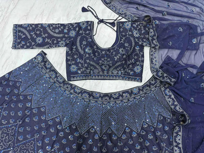 Navy Blue Glitter Dori Heavy Sequins Work Georgette Party Wear Lehenga