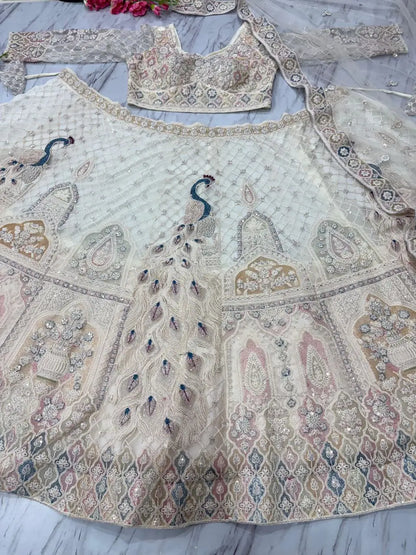 White Peacock Design Net Lehenga With Thread Coding Sequins Embroidery Work