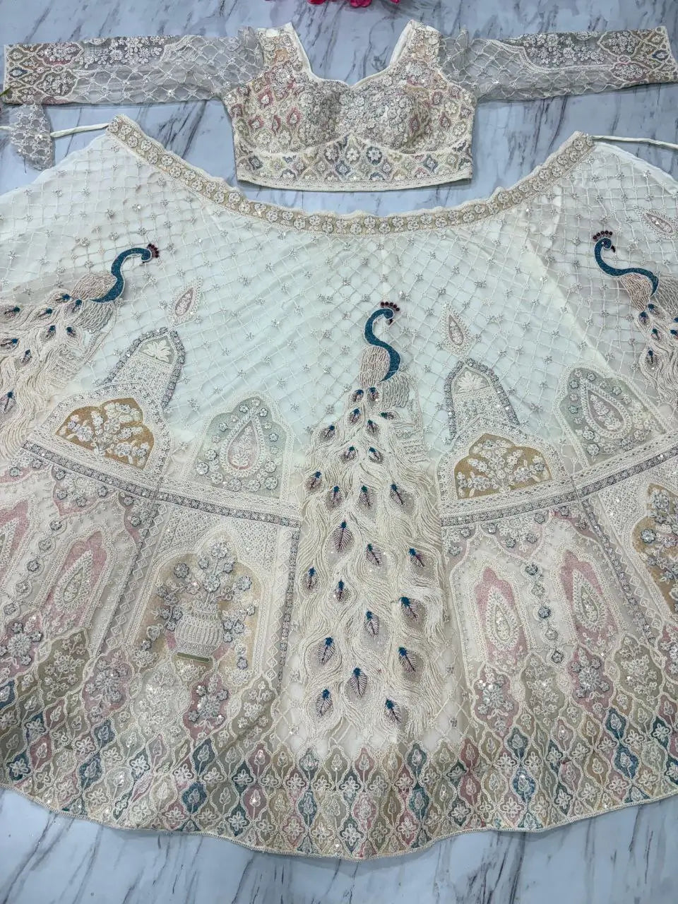 White Peacock Design Net Lehenga With Thread Coding Sequins Embroidery Work