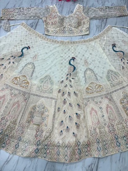 White Peacock Design Net Lehenga With Thread Coding Sequins Embroidery Work