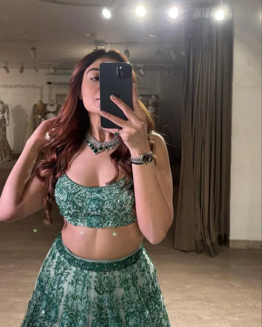 Light Green Georgette Lehenga With Thread Dori Heavy Sequins Embroidery Work