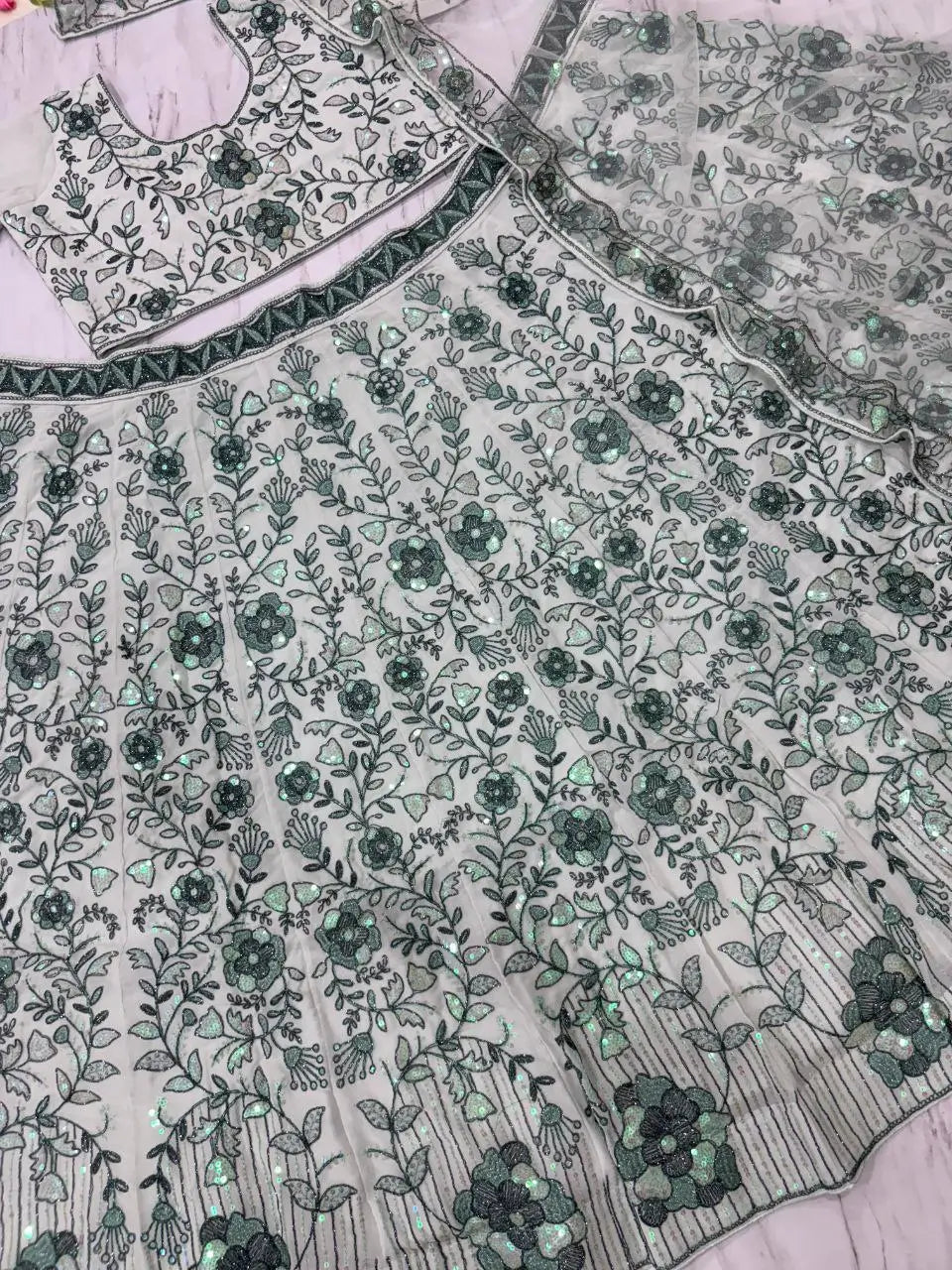 Light Green Georgette Lehenga With Thread Dori Heavy Sequins Embroidery Work