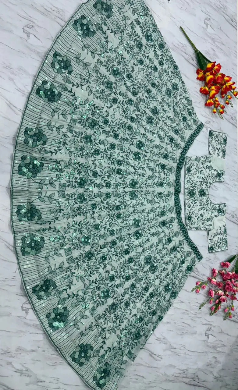 Light Green Georgette Lehenga With Thread Dori Heavy Sequins Embroidery Work