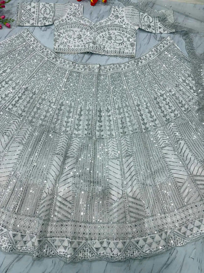 Ivory Thread Heavy Sequins Embroidery Work Chinon Silk Lehenga Choli