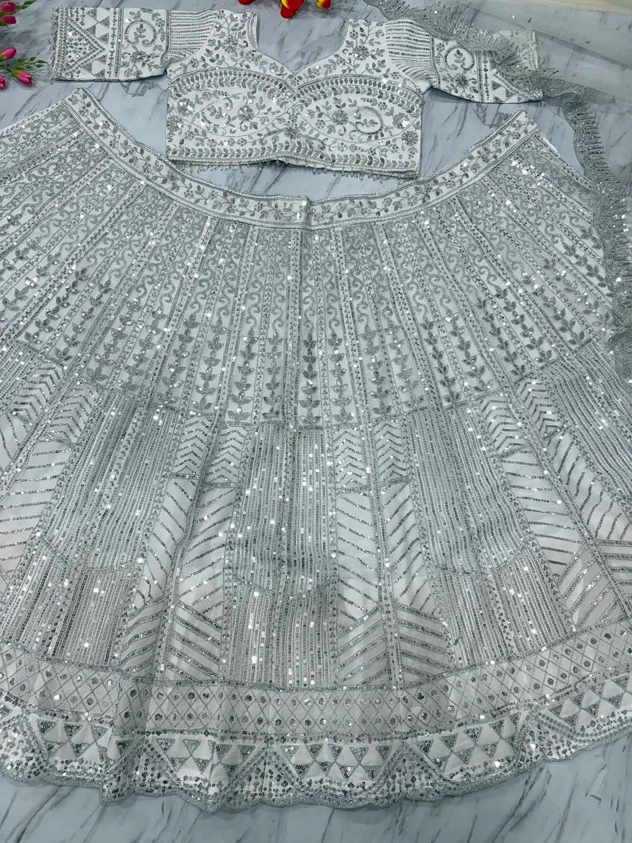 Ivory Thread Heavy Sequins Embroidery Work Chinon Silk Lehenga Choli