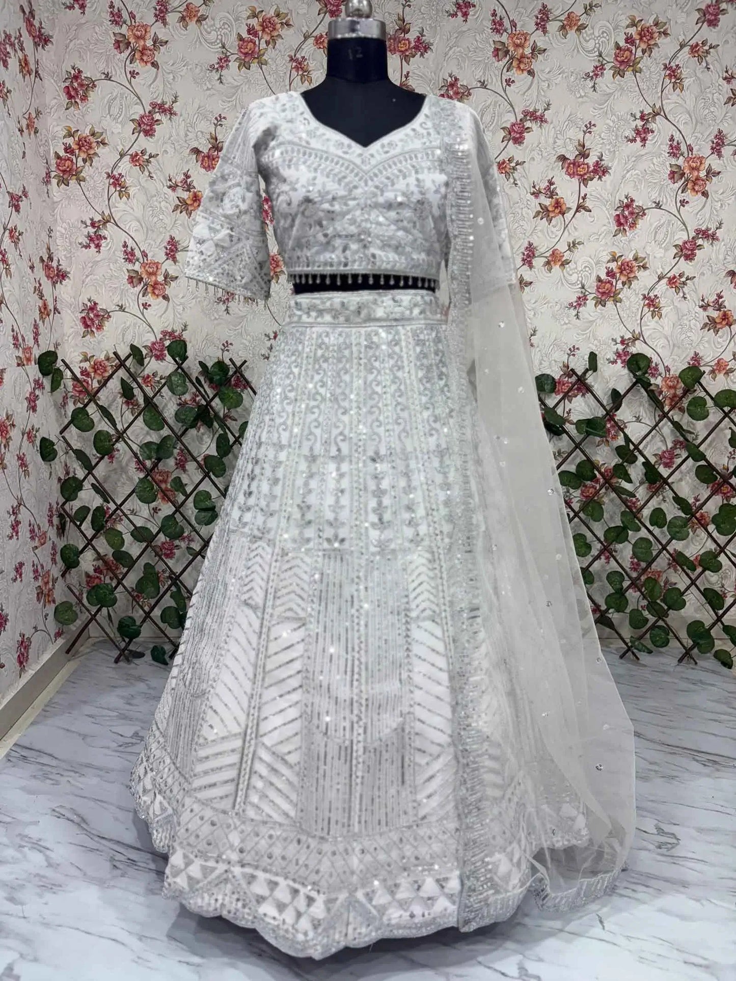 Ivory Thread Heavy Sequins Embroidery Work Chinon Silk Lehenga Choli