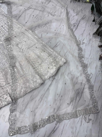 Ivory Thread Heavy Sequins Embroidery Work Chinon Silk Lehenga Choli