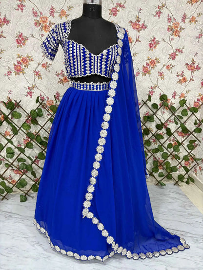 Royal Blue Beautiful Foil Mirror Work Faux Georgette Lehenga Choli