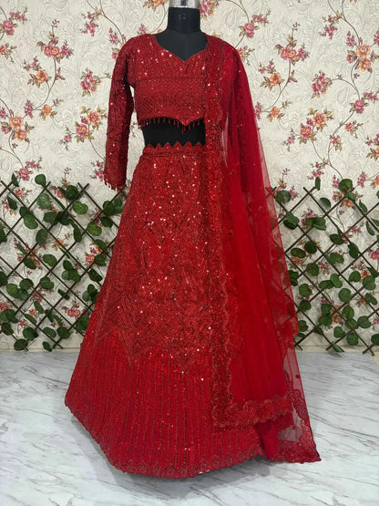 Designer Red Georgette Sequins Thread Dori Embroidery Work Lehenga Choli