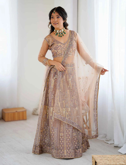 Brownish Ivory Embroidery Work With Heavy Sequins Work Lehenga Choli