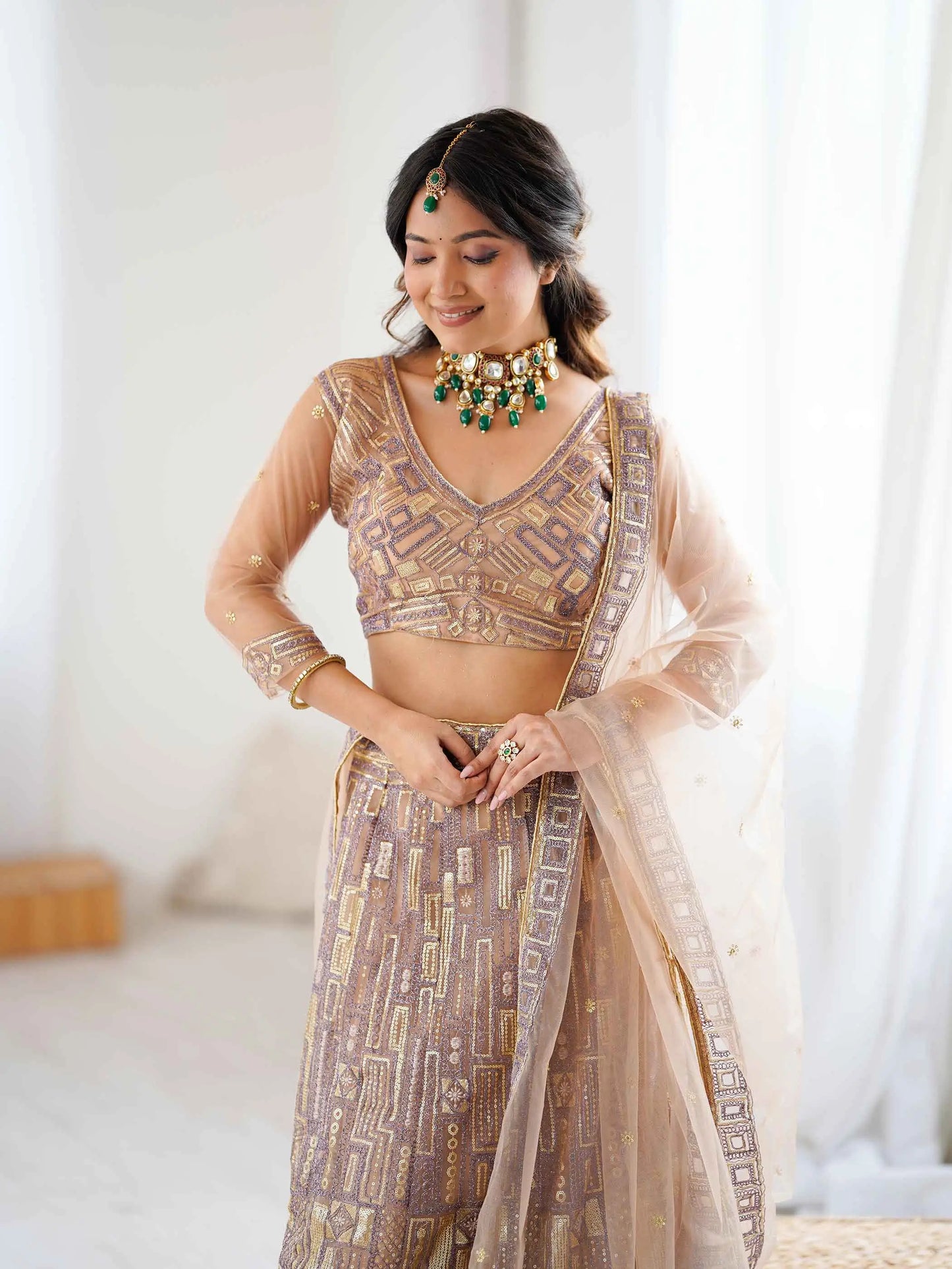 Brownish Ivory Embroidery Work With Heavy Sequins Work Lehenga Choli