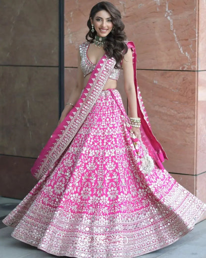 Rani Pink Thread Zari Sequins Foil Mirror Work Georgette Lehenga Choli