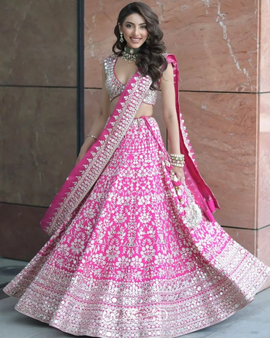 Rani Pink Thread Zari Sequins Foil Mirror Work Georgette Lehenga Choli