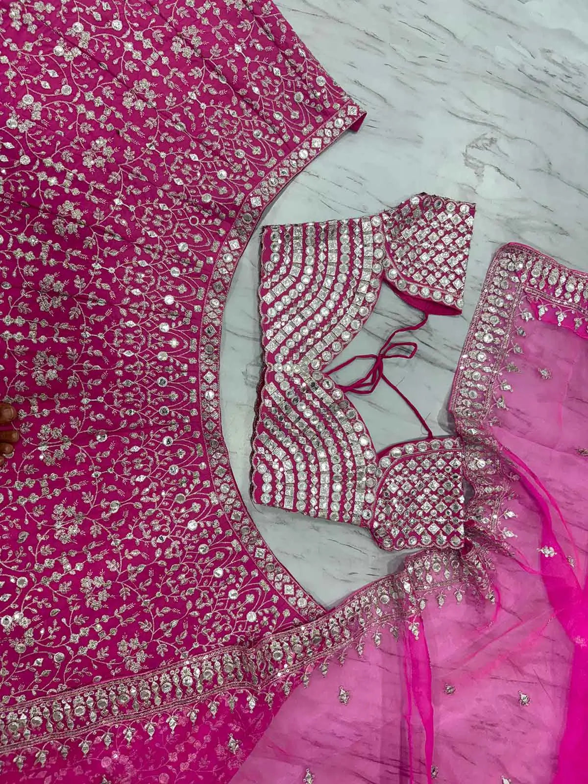 Rani Pink Thread Zari Sequins Foil Mirror Work Georgette Lehenga Choli