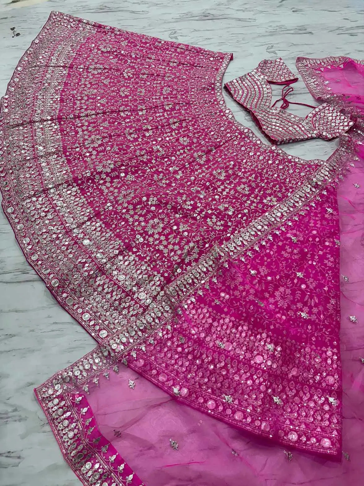 Rani Pink Thread Zari Sequins Foil Mirror Work Georgette Lehenga Choli