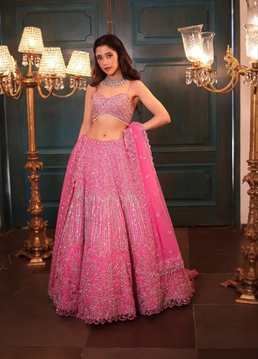 Peach Pink Rainbow Sequins Dori Embroidery Work Net Lehenga Choli