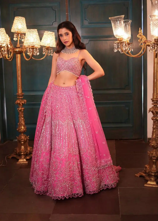 Peach Pink Rainbow Sequins Dori Embroidery Work Net Lehenga Choli