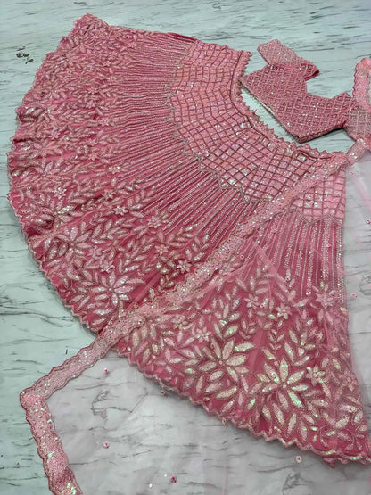 Peach Pink Rainbow Sequins Dori Embroidery Work Net Lehenga Choli