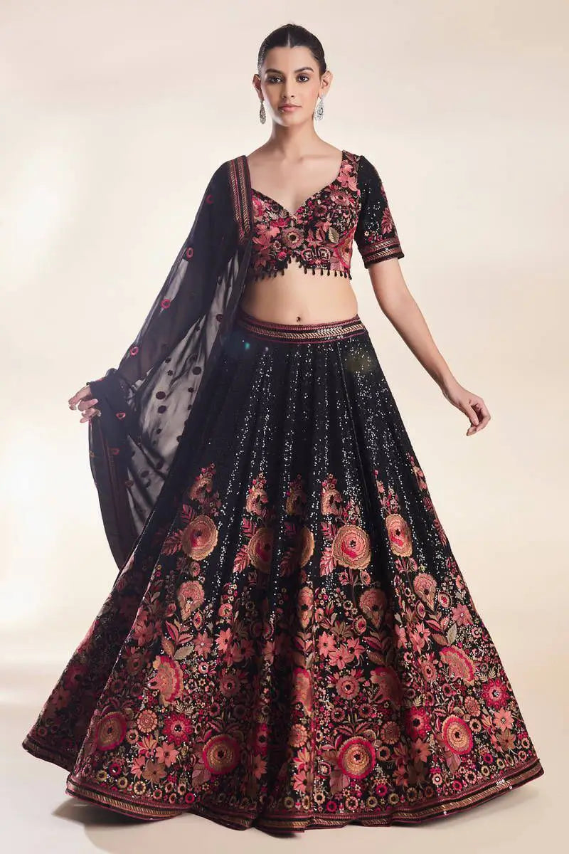 Black Georgette Lehenga With Multi Thread Flower And Sequins Work