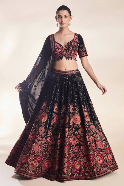 Black Georgette Lehenga With Multi Thread Flower And Sequins Work