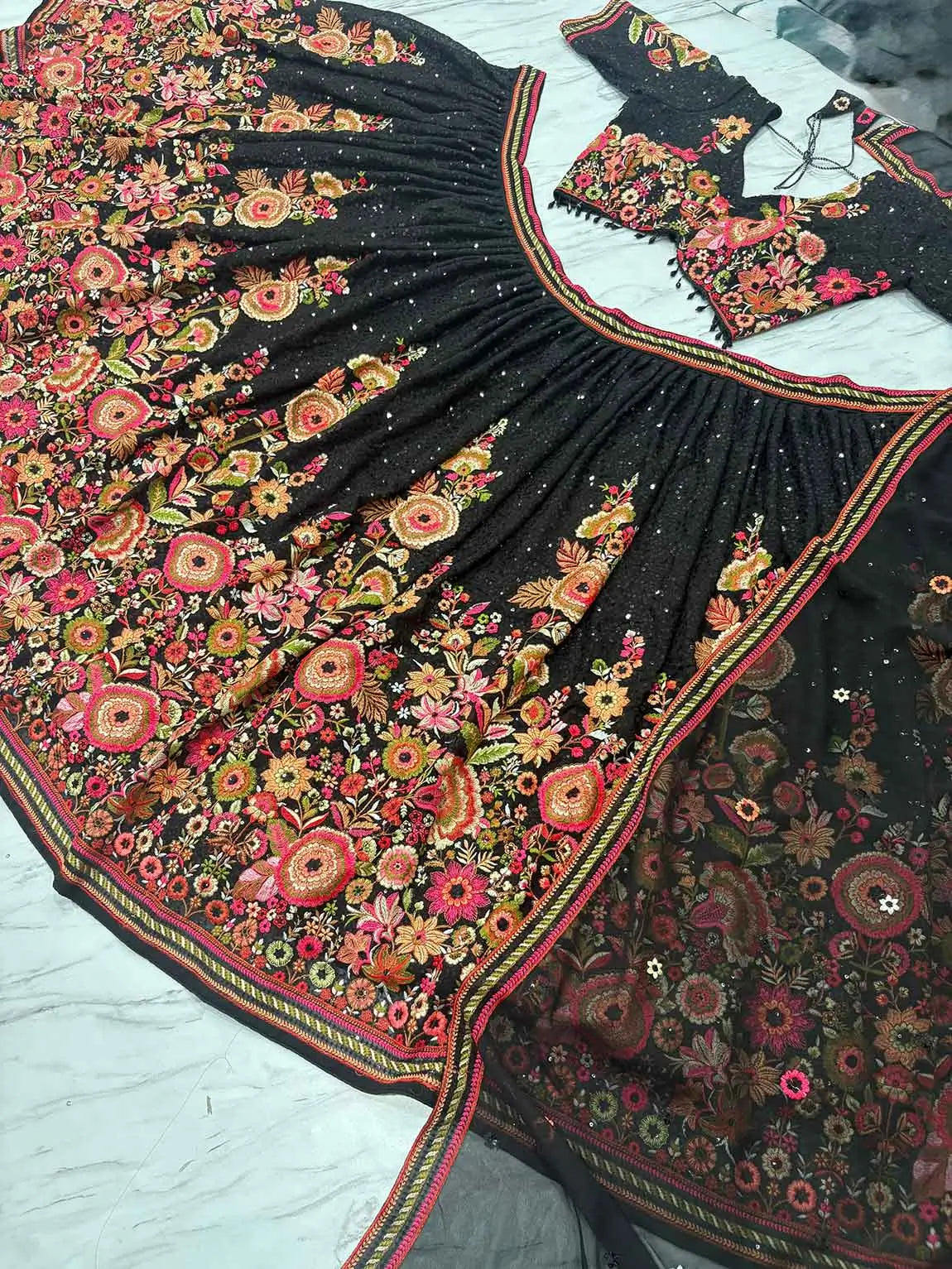 Black Georgette Lehenga With Multi Thread Flower And Sequins Work