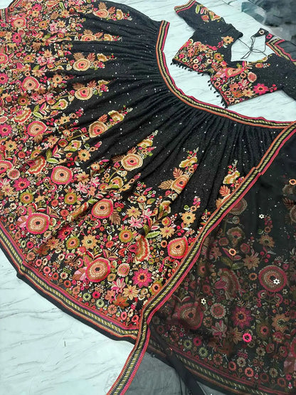 Black Georgette Lehenga With Multi Thread Flower And Sequins Work
