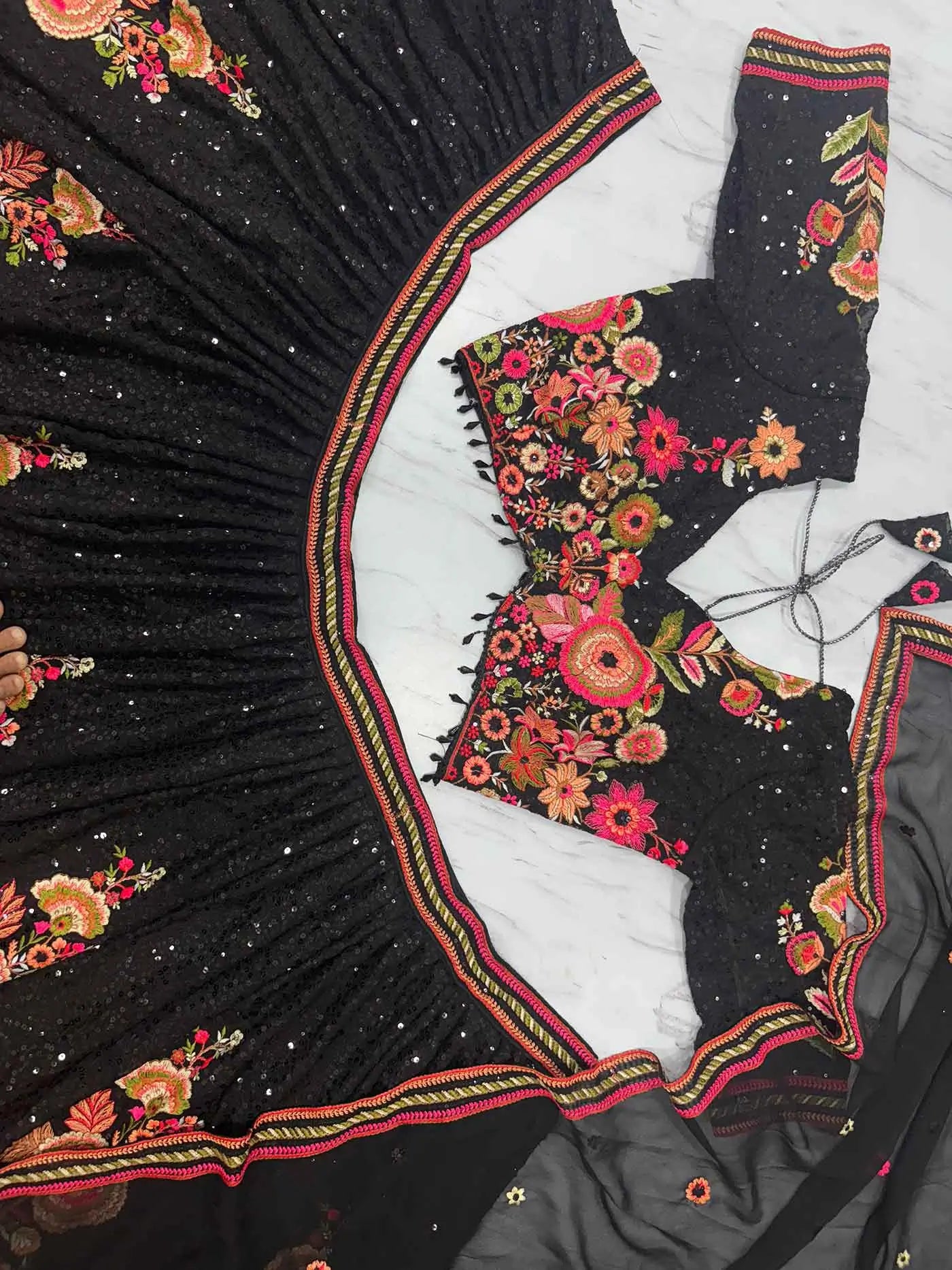Black Georgette Lehenga With Multi Thread Flower And Sequins Work